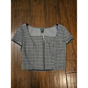 Wild Fable‎ Plaid Crop Top Black White Checkered Front Zip Square Chic XS Preppy